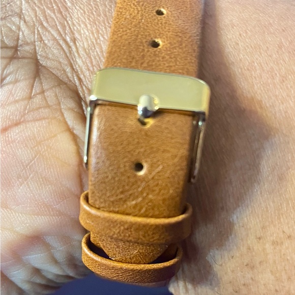 Anne Klein Gold-Tone Rectangle Dial Watch with Tan Leather Band. 9 inch